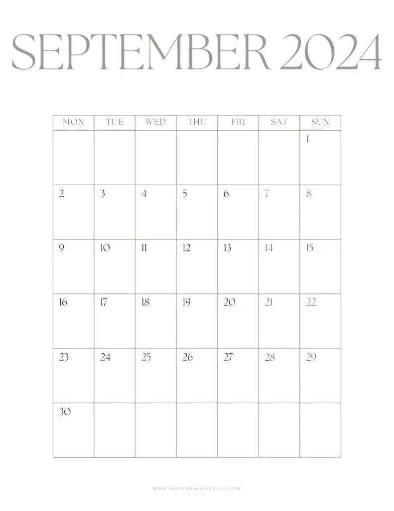 September 2024 Vertical Calendar Minimalist Monday Start