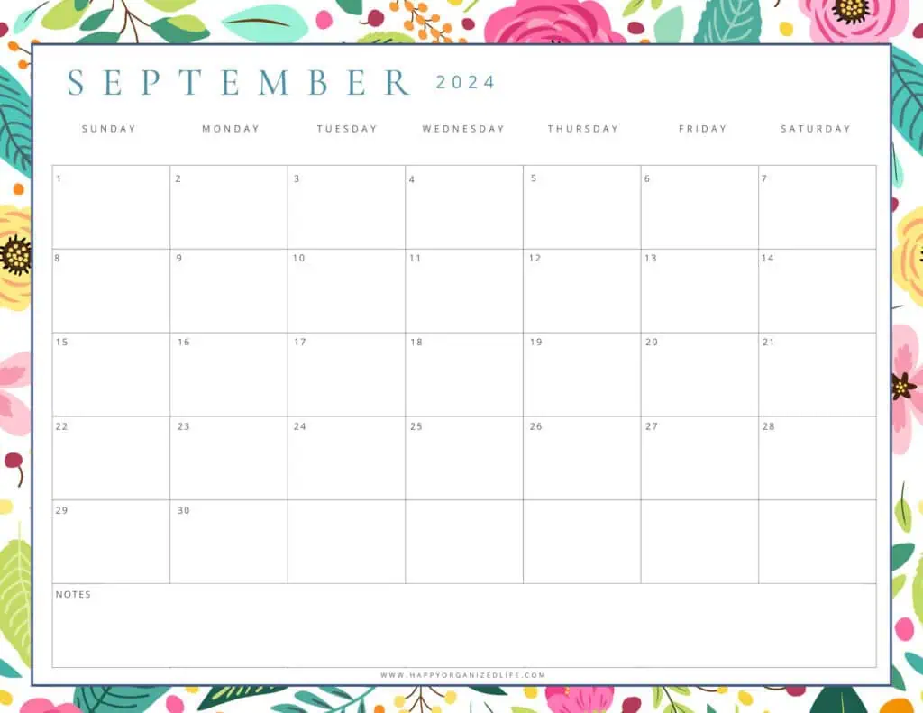 September 2024 Bright Floral Printable Calendar