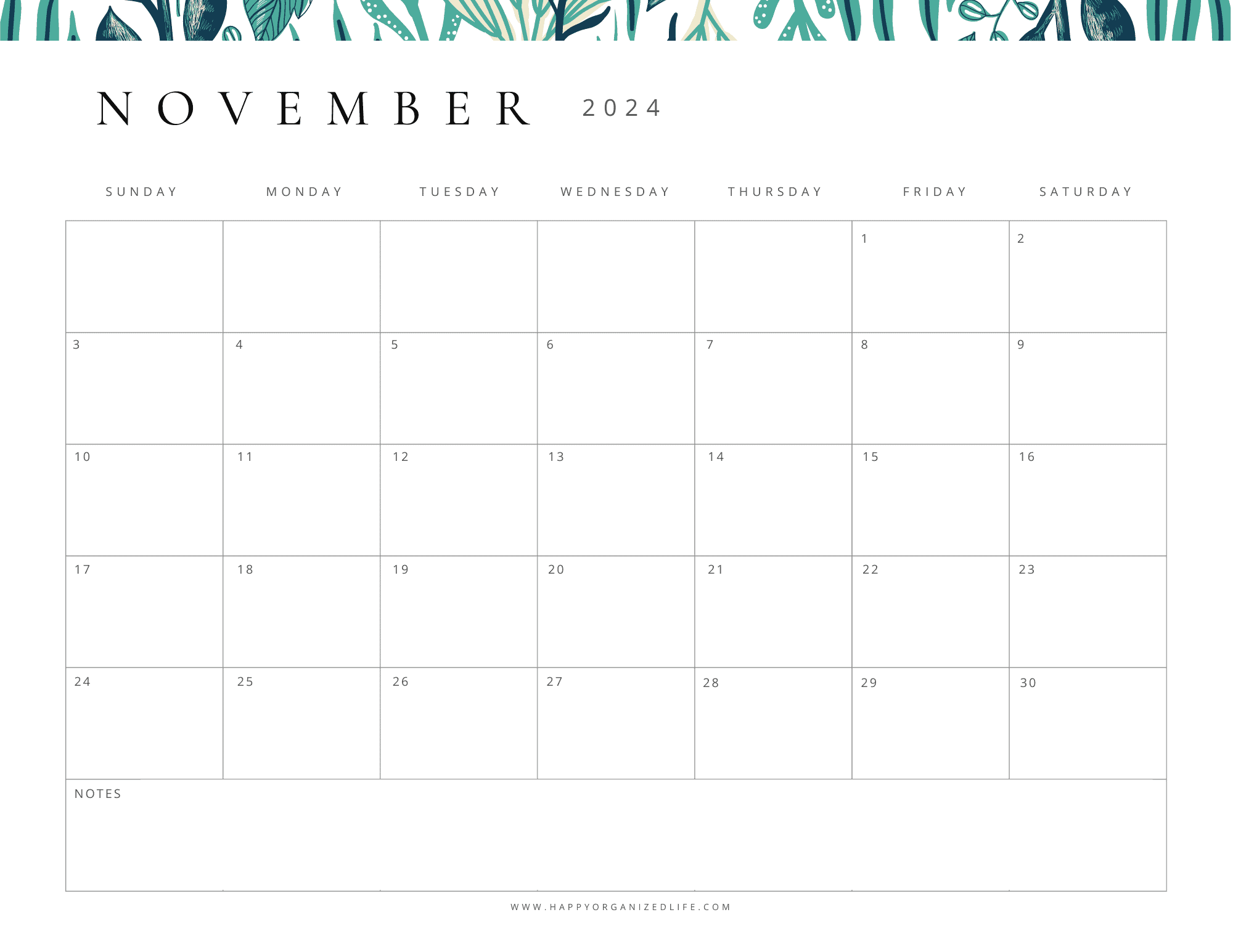 November 2024 calendar green floral design