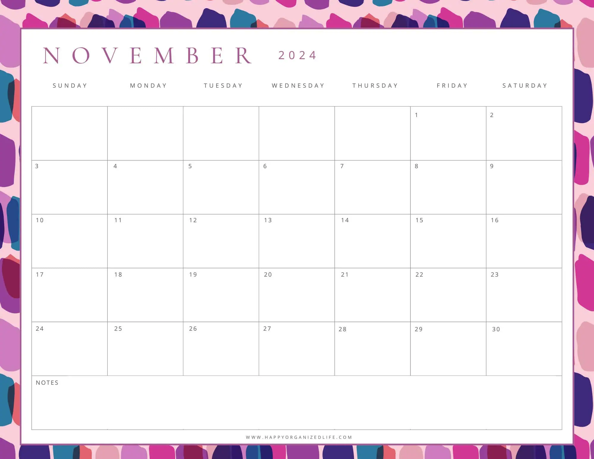 November 2024 Calendar Purple Geometric Design