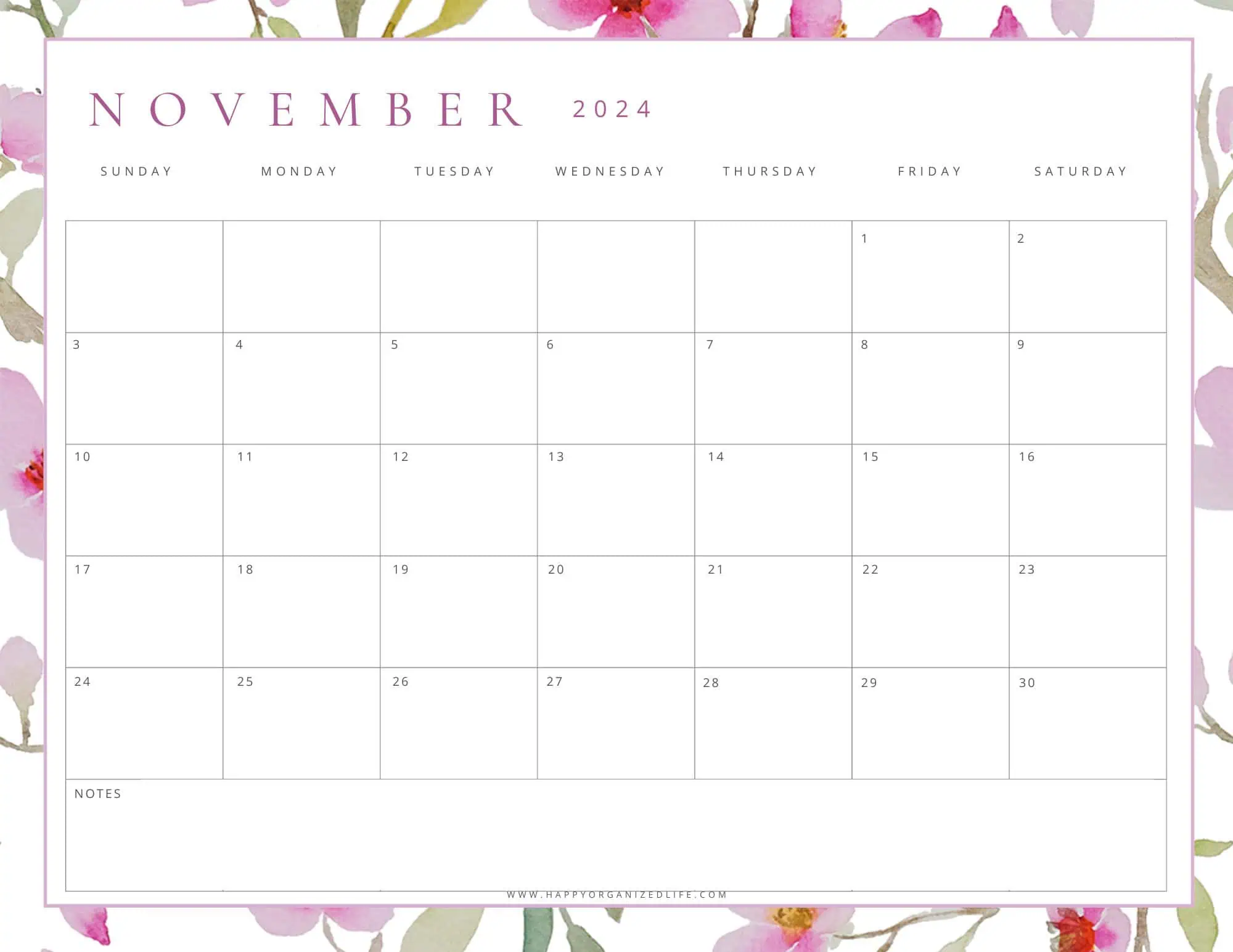 November 2024 Calendar Pastel Pink and Purple Design