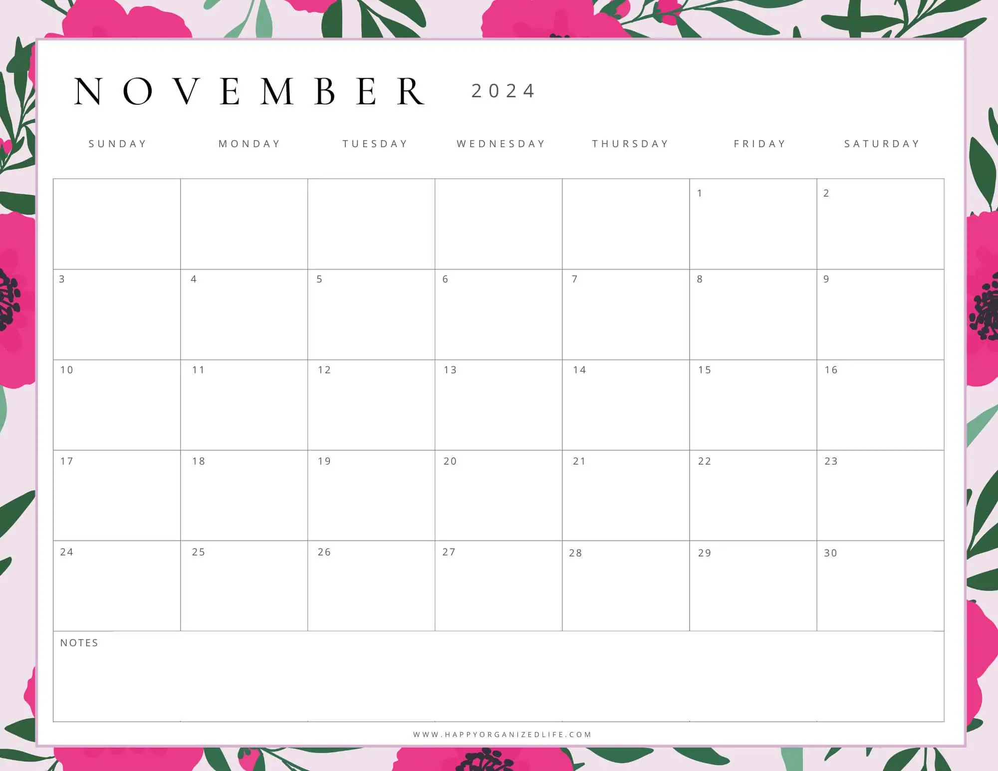 November 2024 Calendar Hot Pink Floral Design