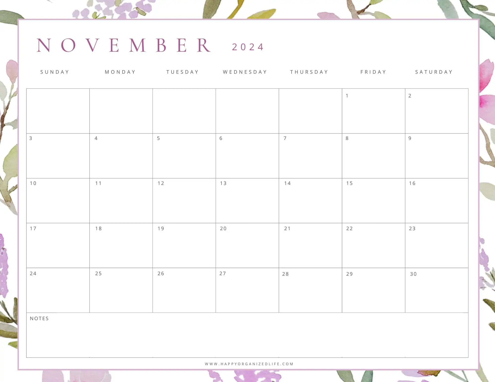 November 2024 Calendar Lavender and Green Floral Design