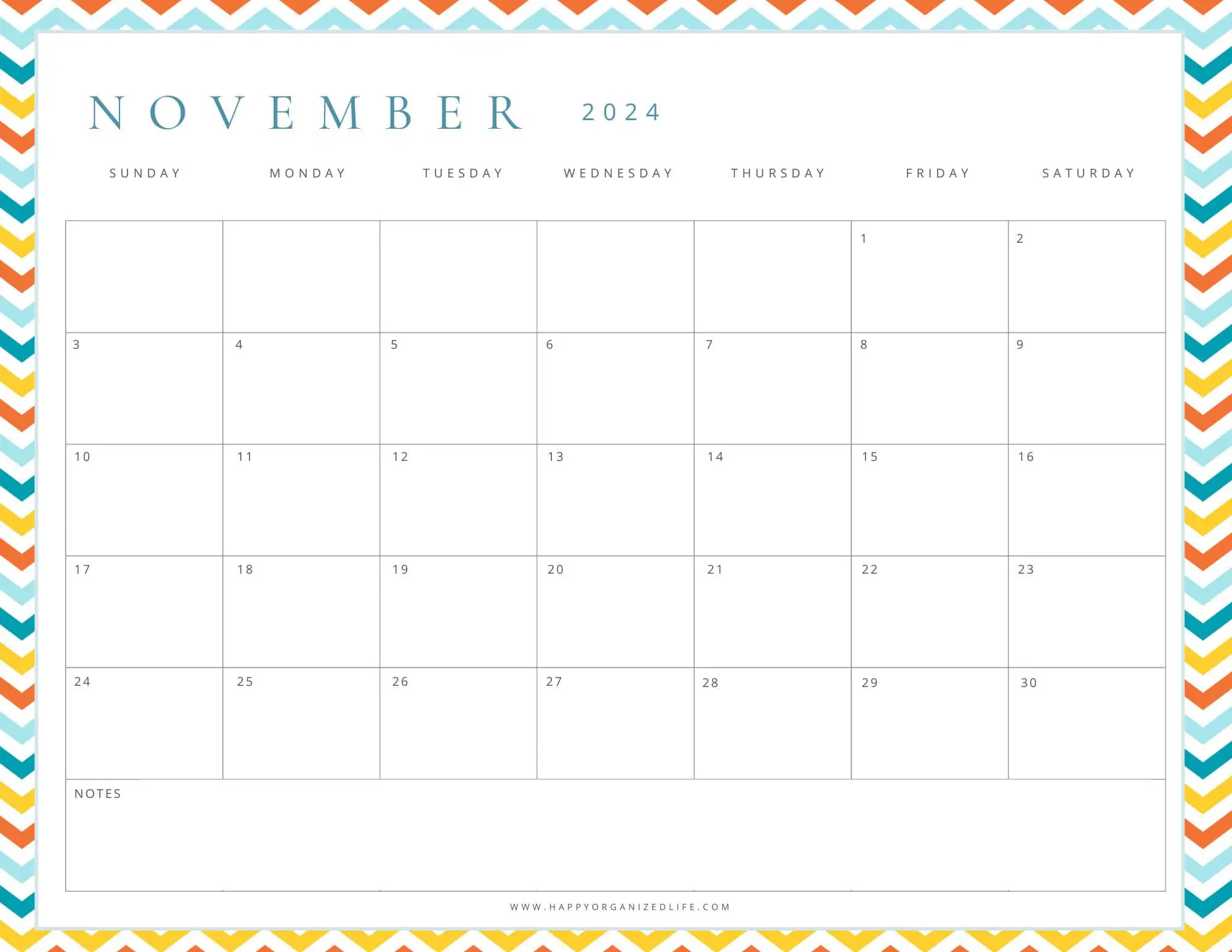 November 2024 Calendar Brightly Colored Chevron Design