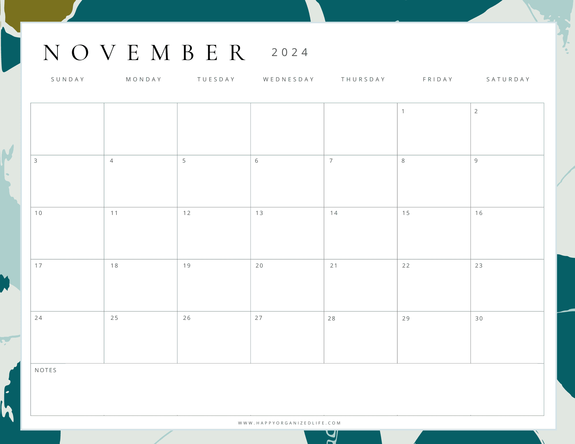 November 2024 Calendar Light and Dark Green Geometric Design