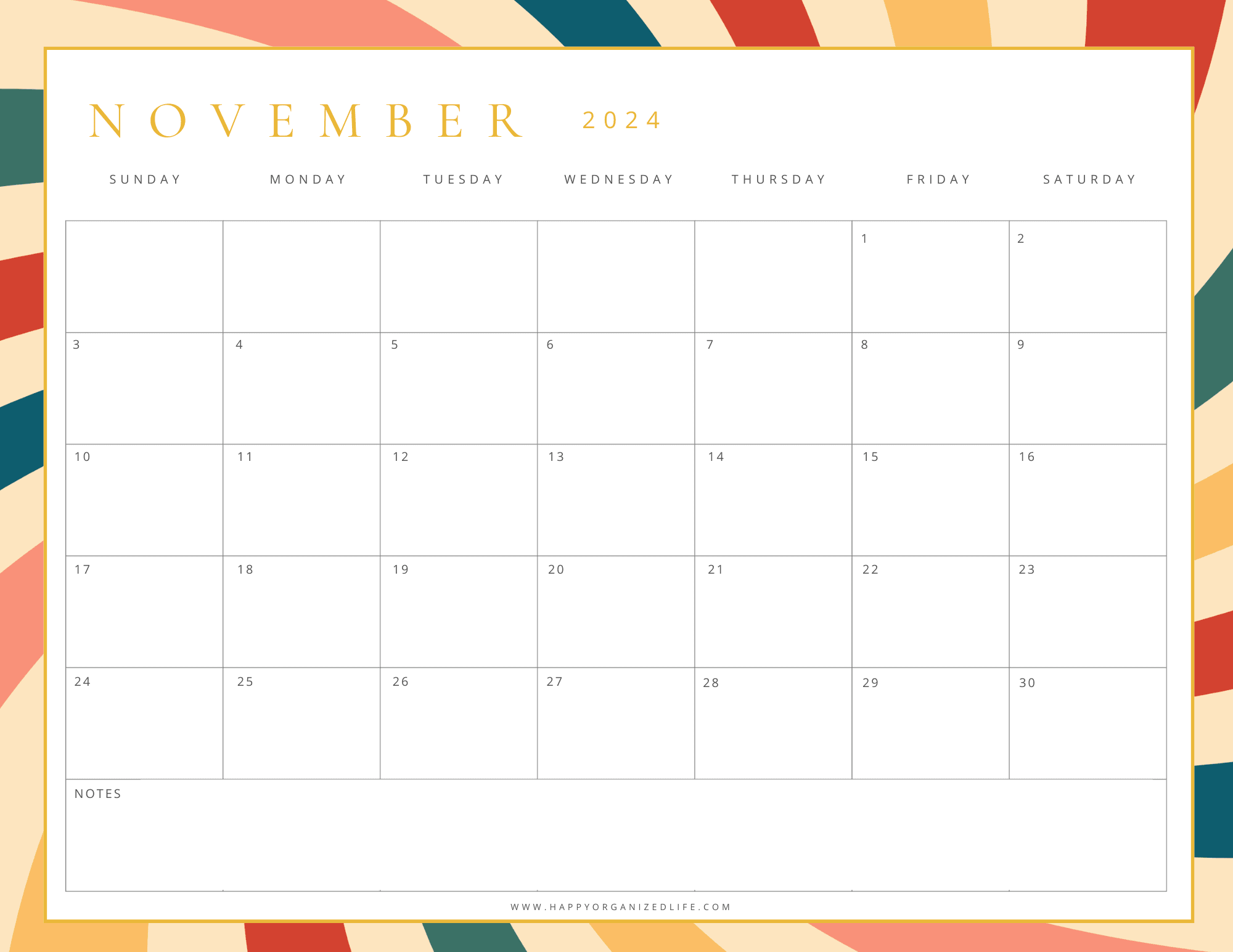 November 2024 Calendar Red Orange and Green Stripe Design