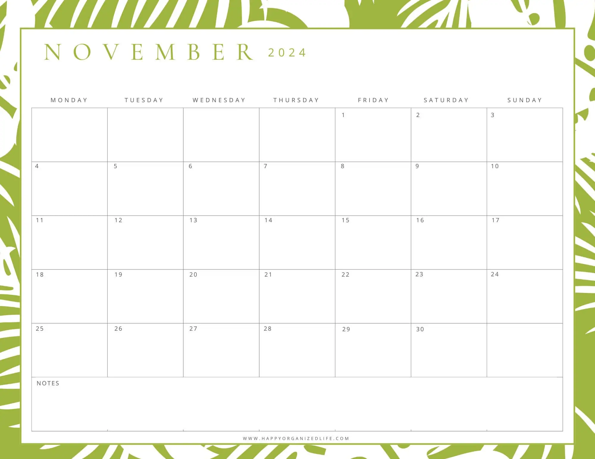 November 2024 Green Leafy Design