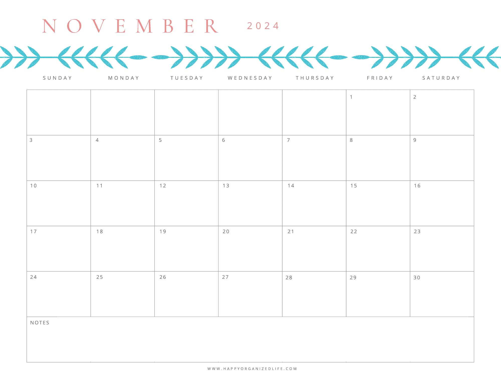 November 2024 Calendar Aqua Fern Border