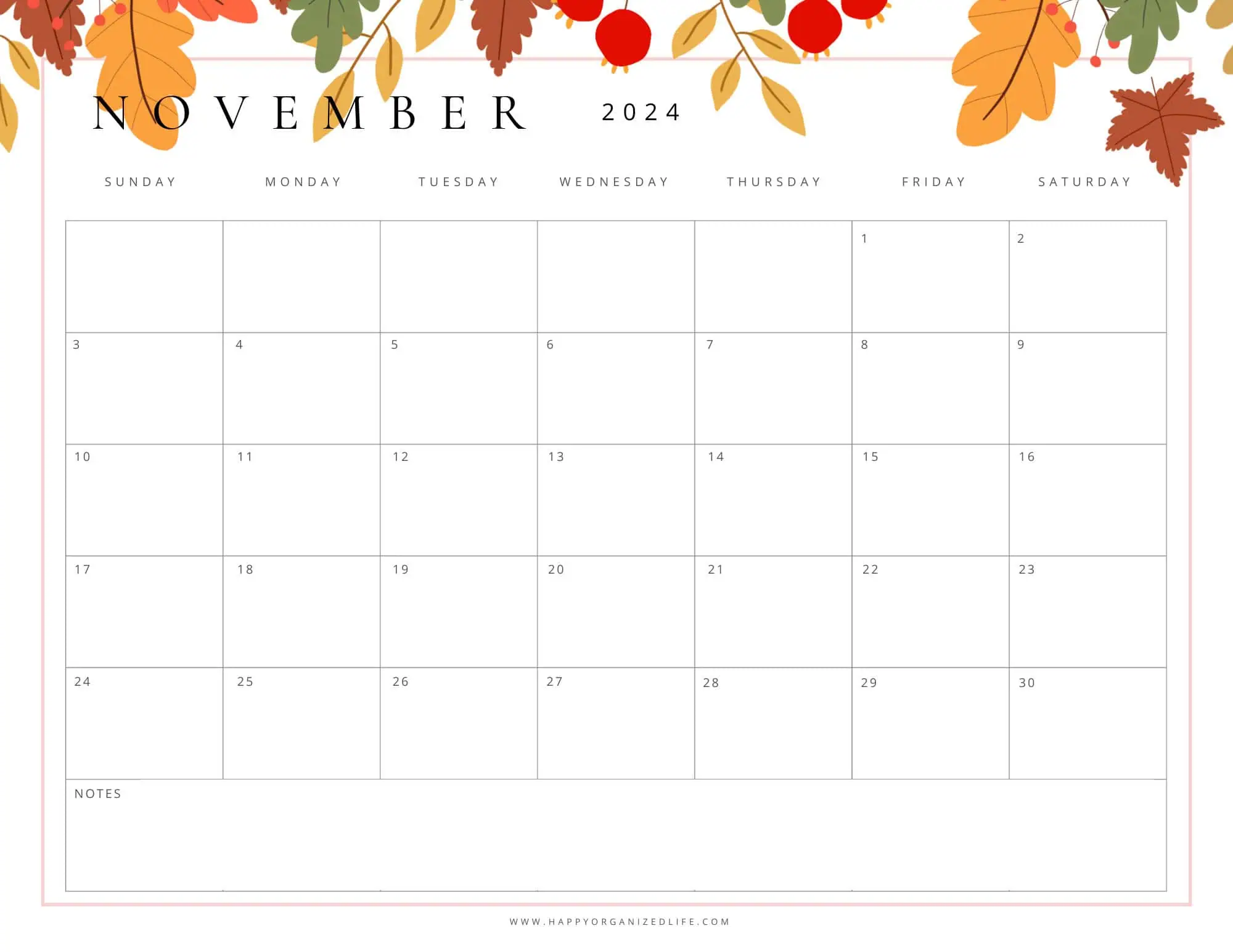 November 2024 Calendar - Fall leaves
