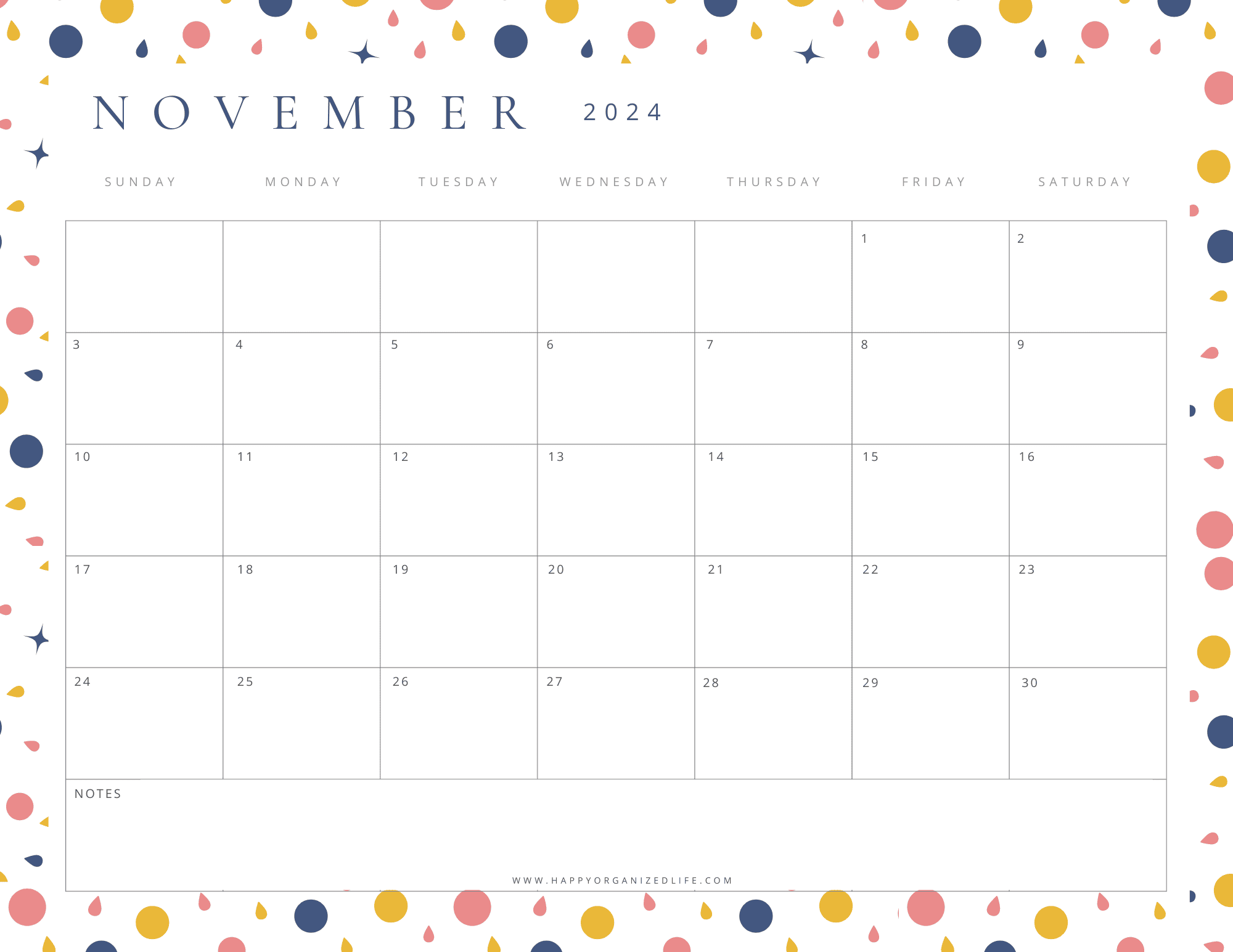November 2023 Calendar Colorful Circle Border