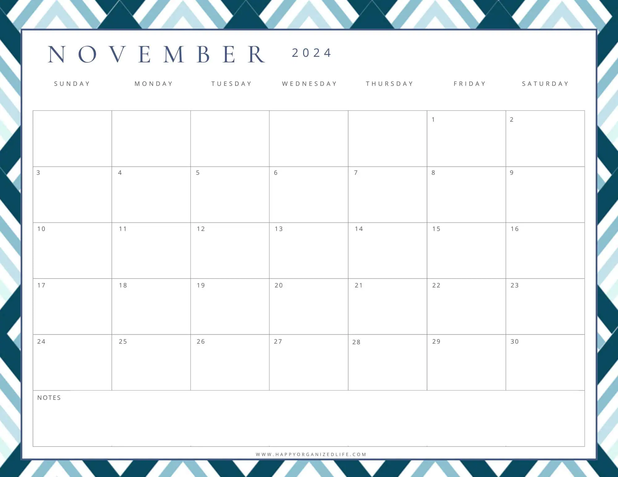 November 2024 Calendar Dark and Light Blue Geometric Design