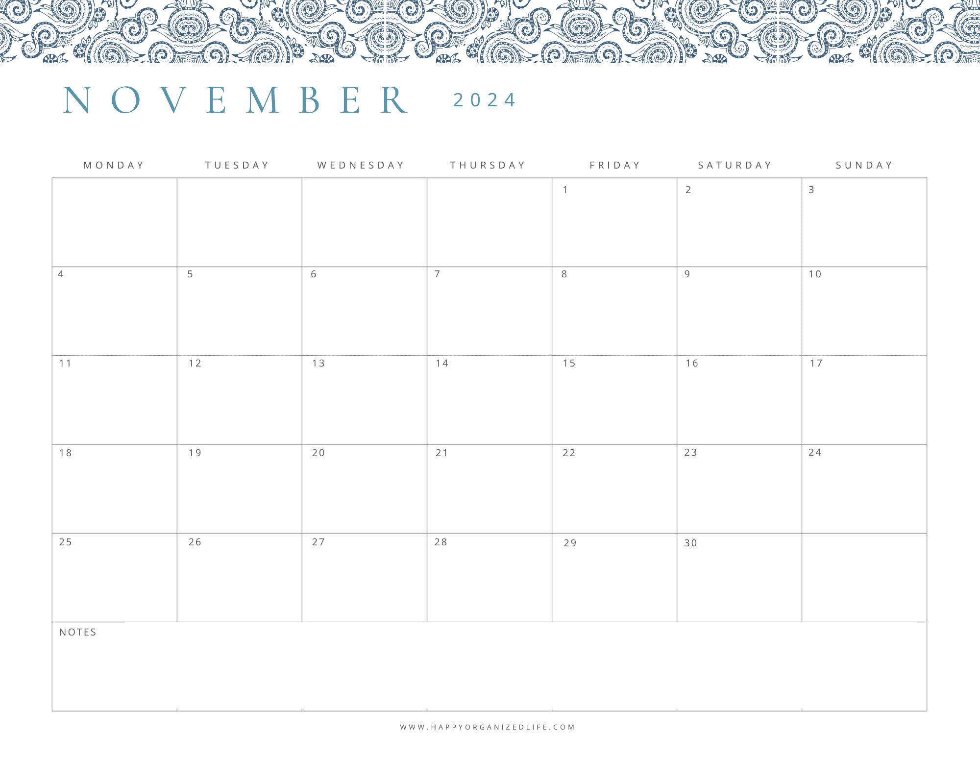 November 2024 Calendar Blue Paisley Monday Start Design