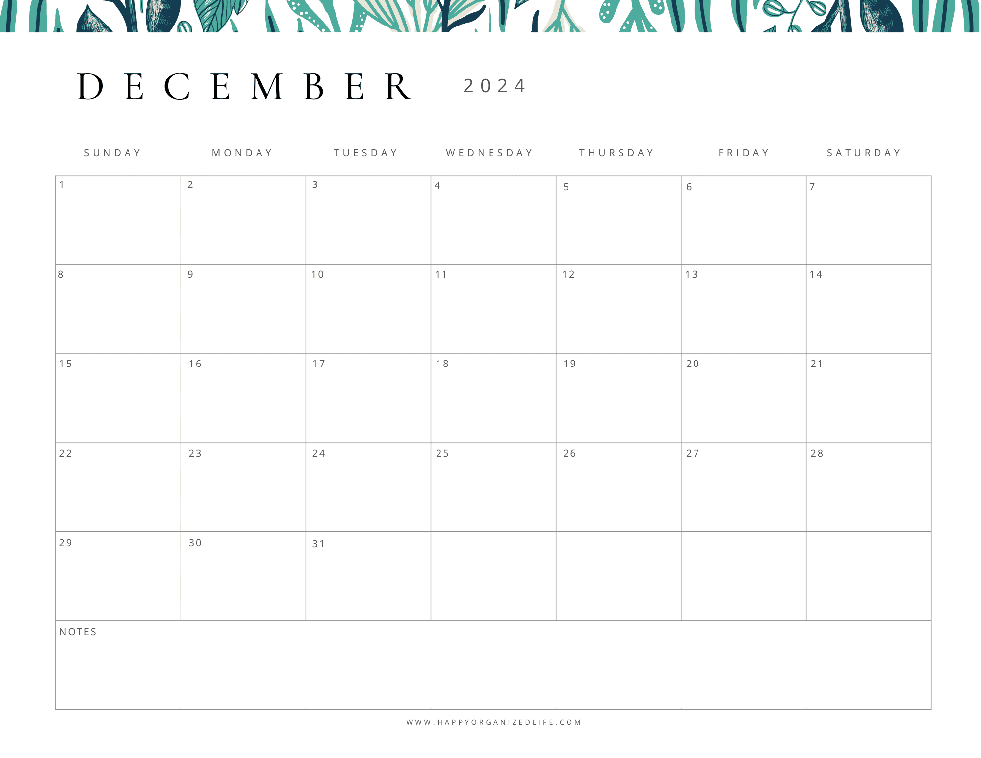 December 2024 calendar green floral design