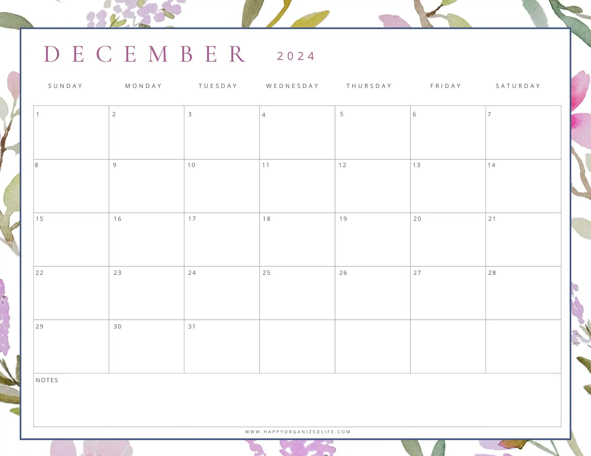 December 2024 Calendar Lavender and Green Floral Design