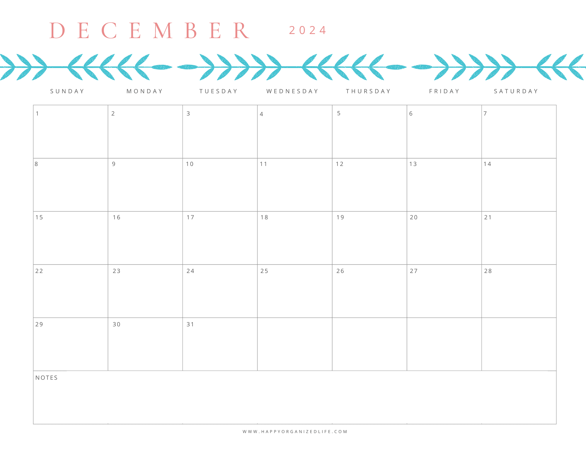 December 2024 Calendar Aqua Fern Border