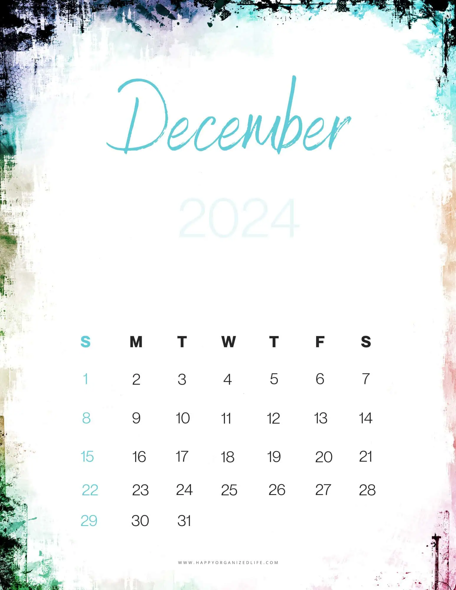 December 2024 Calendar Paint Splatter Design