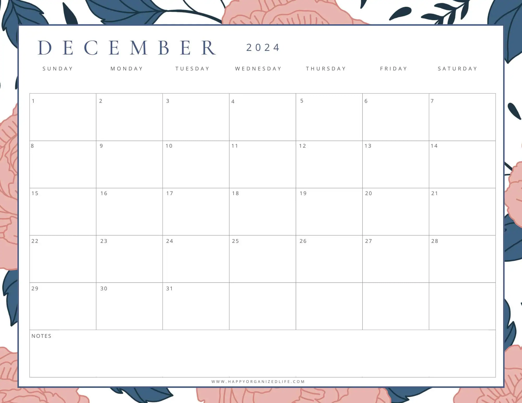 December 2024 calendar pink and navy design