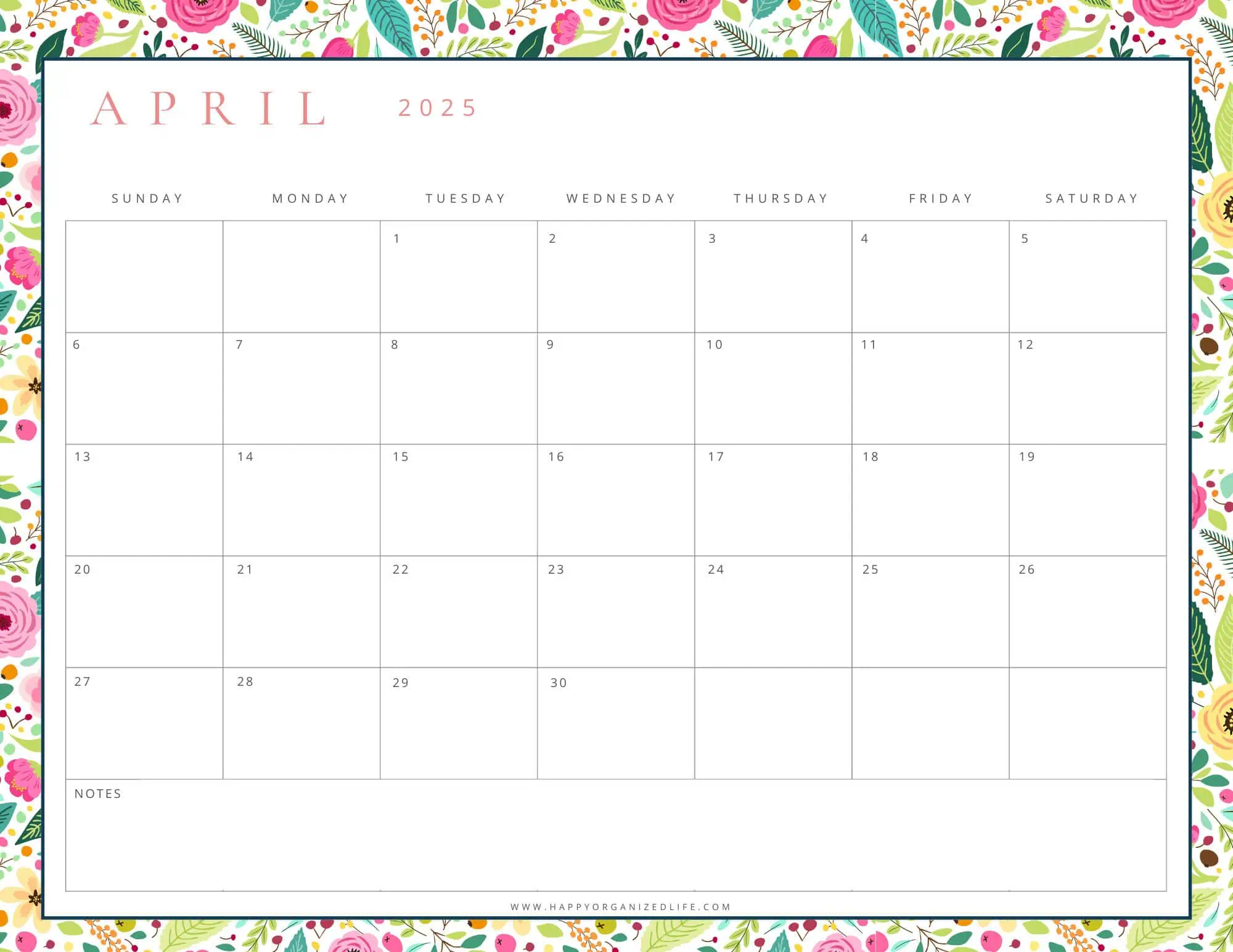 April 2025 Calendar - Colorful Floral