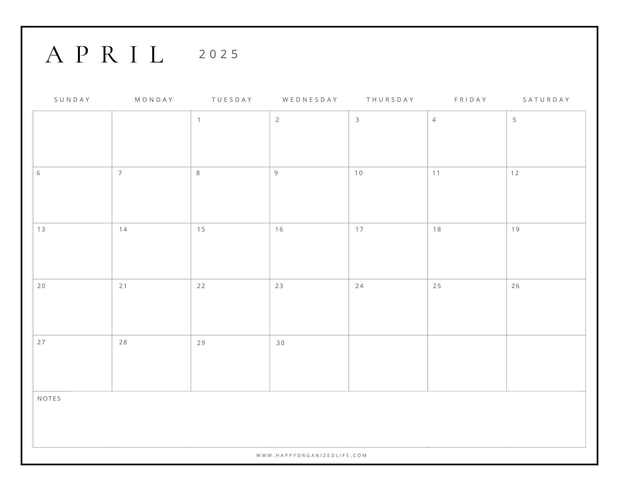 April 2025 Blank Printable Calendar