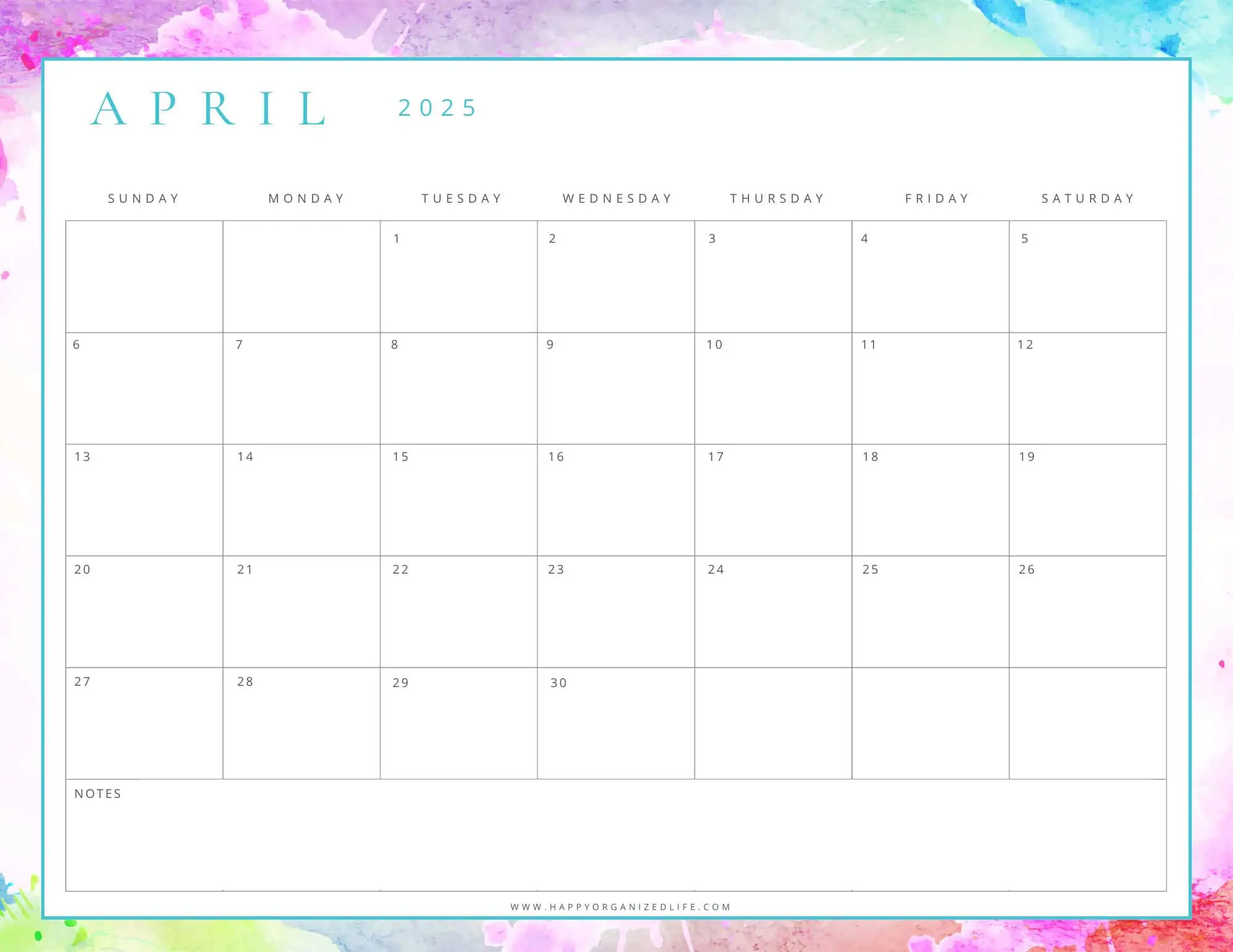 April 2025 Calendar - Watercolor