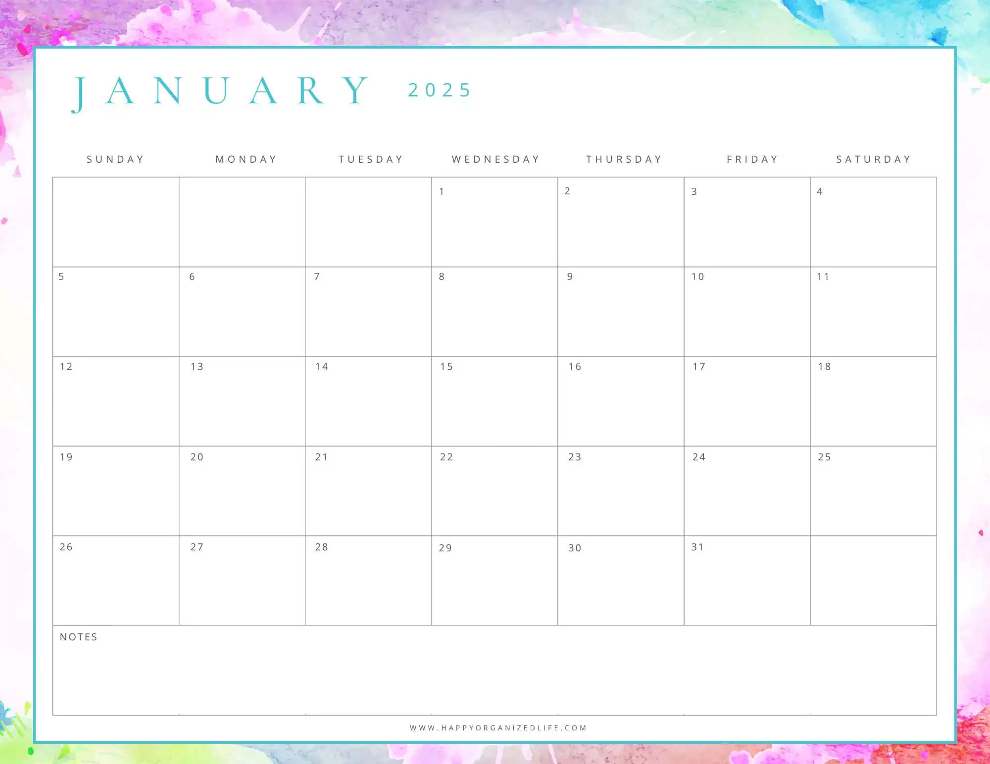 January 2025 Calendar - Watercolor
