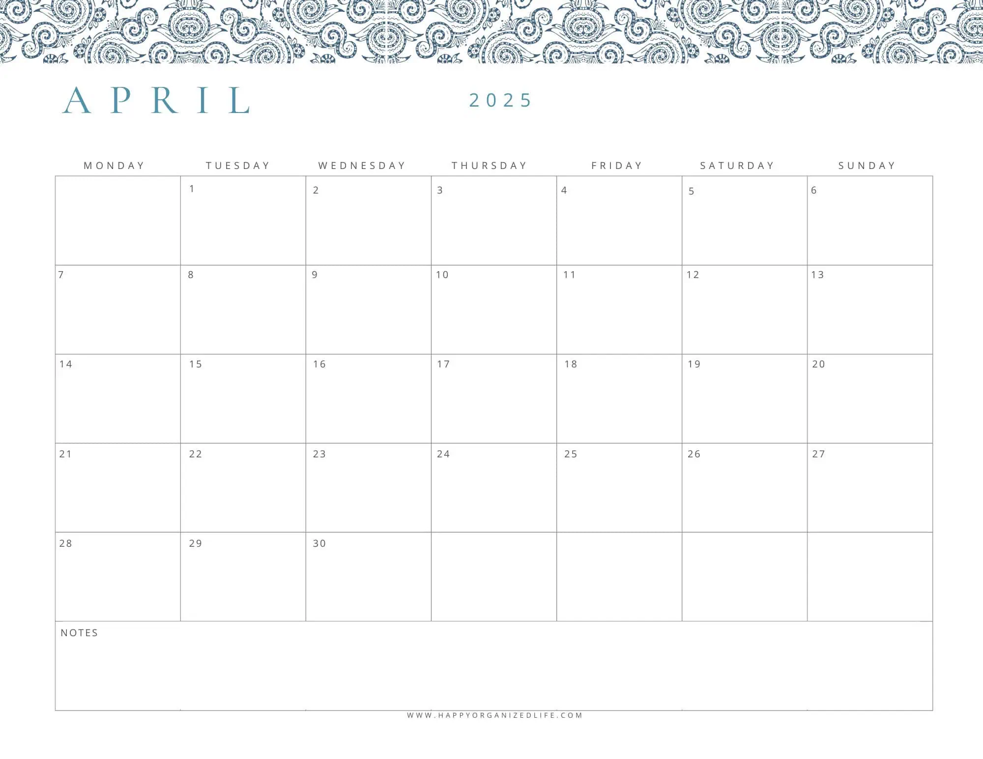 April 2025 Calendar - Blue Paisley Monday Start Design