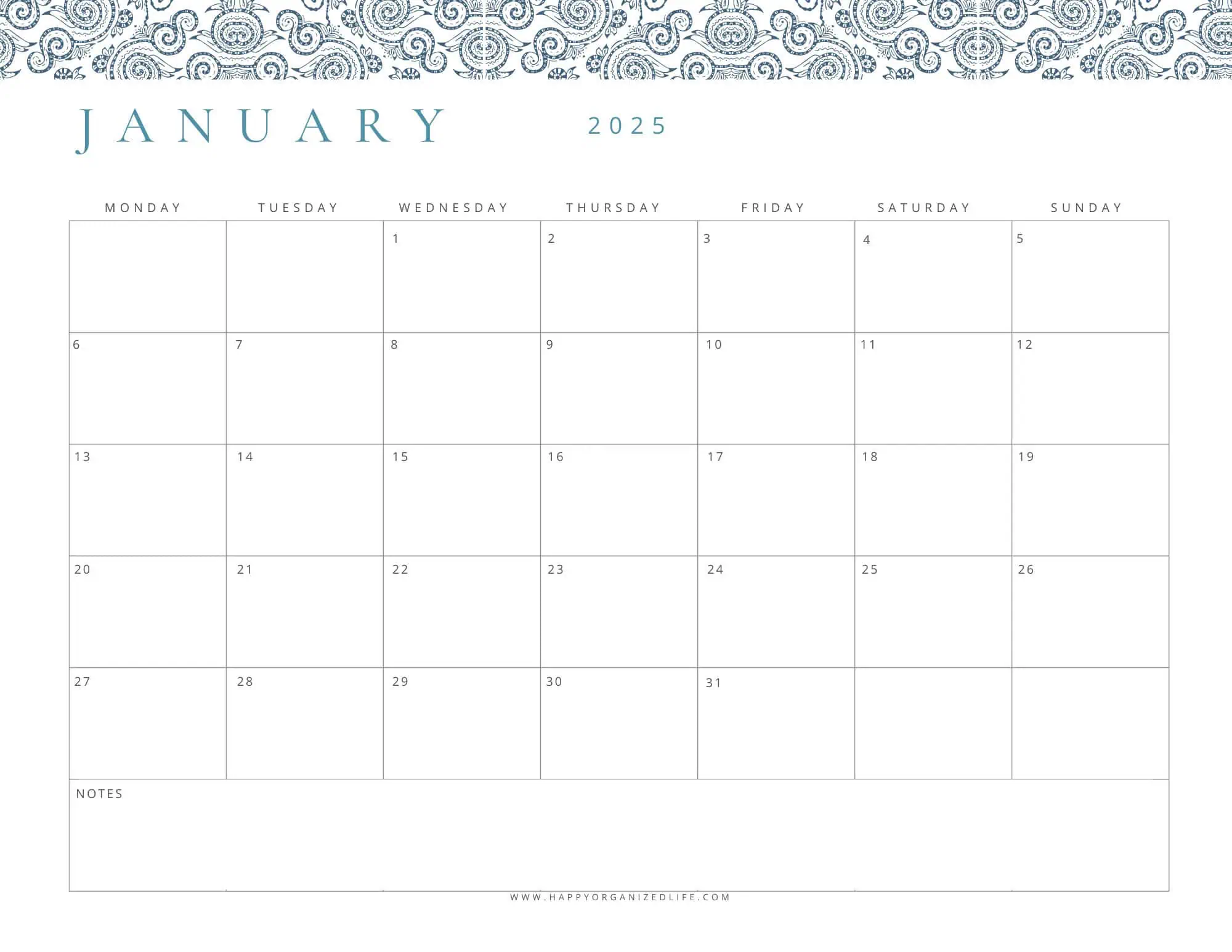 January 2025 Calendar - Blue Paisley Monday Start Design