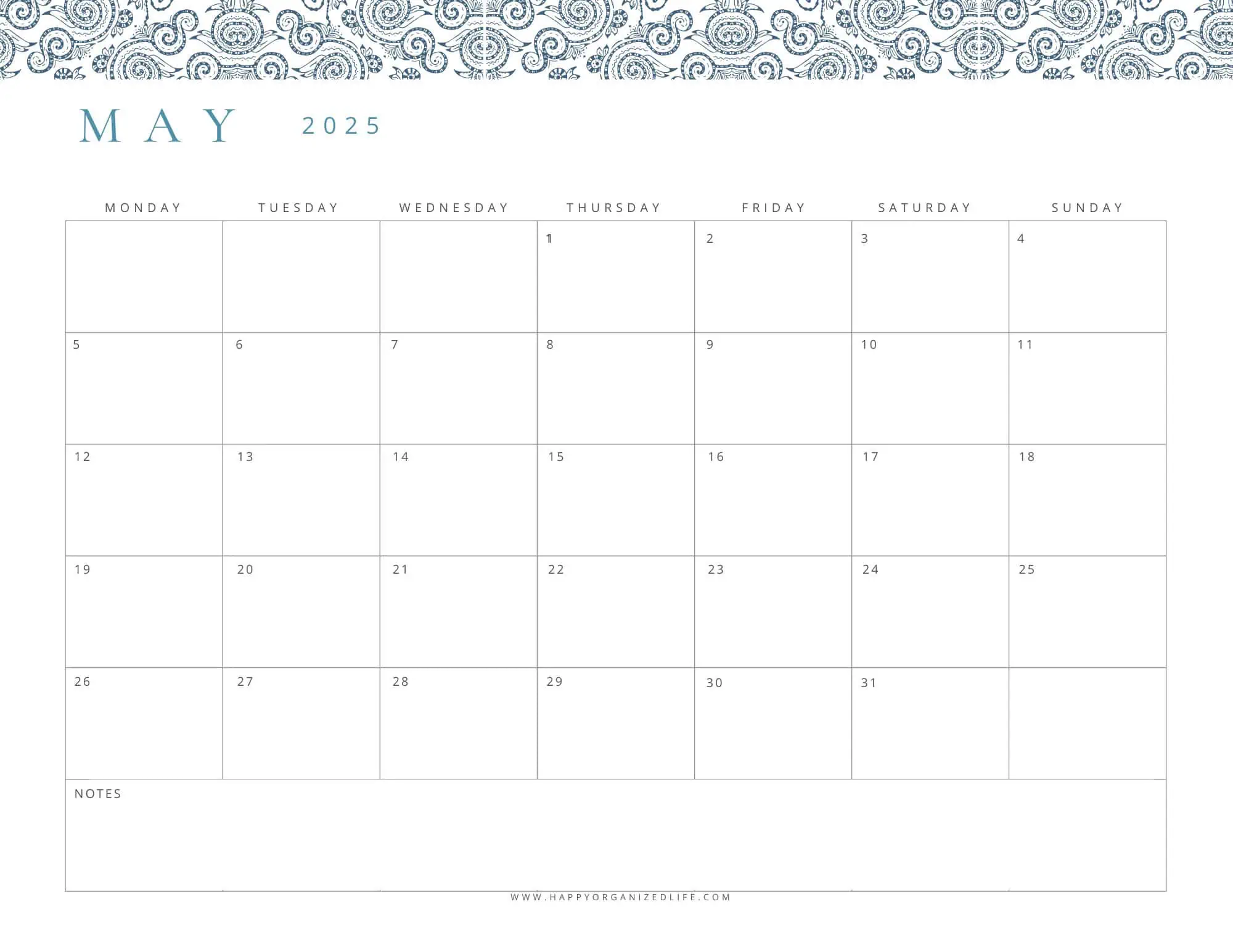 May 2025 Calendar - Blue Paisley Monday Start Design