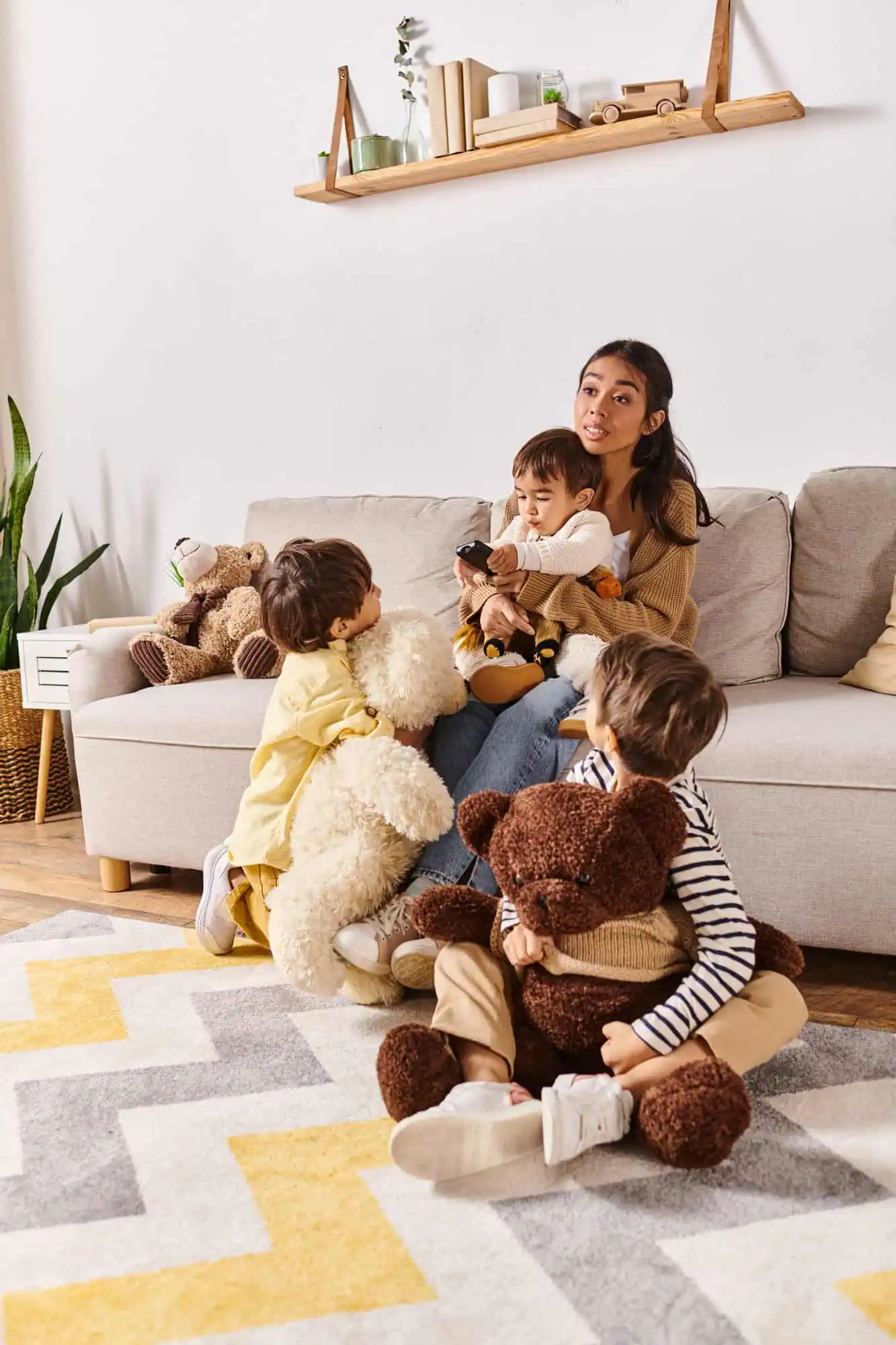 mother sitting on couch holding son while two other children play on the floor holding stuffed bears